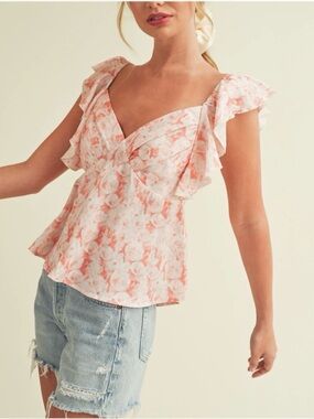 Women's Pink Floral Ruffle Sleeve V-Neck Top